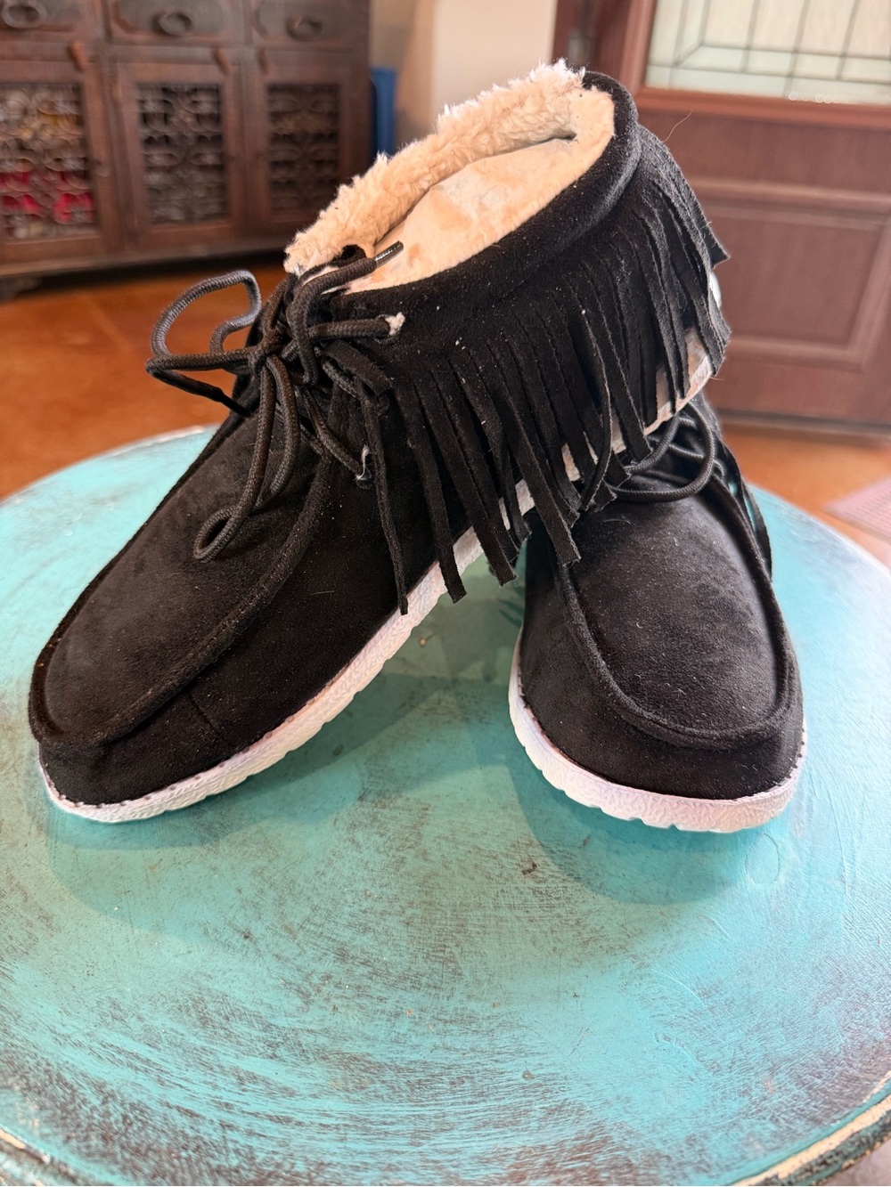 Fringed Black Suede Cozy Lined Ankle Boots